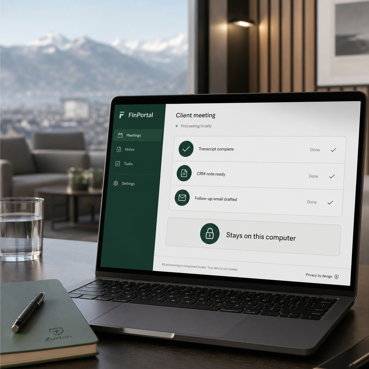 A FinPortal meeting summary on a laptop, with a 'Stays on this computer' status, set against a Swiss mountain view.